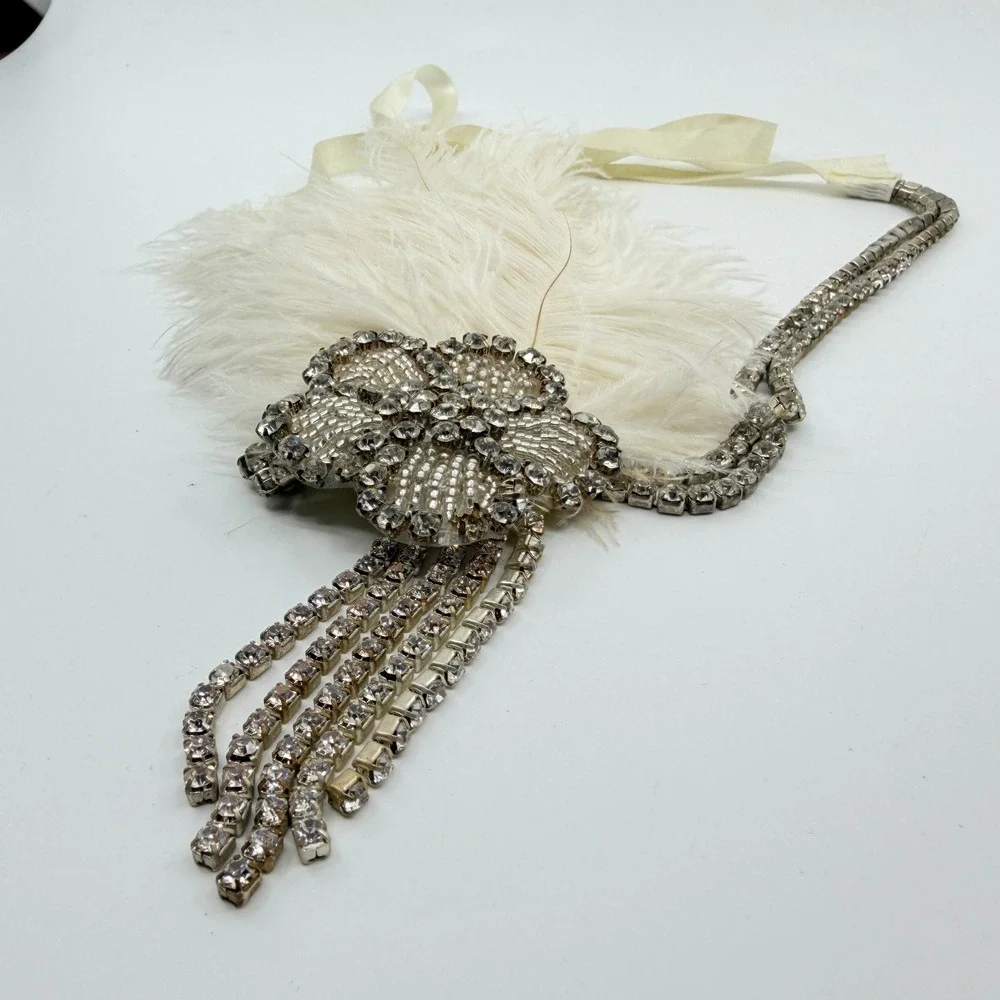 Y2K Gatsby Flapper Feather Headpiece Rhinestone Bridal Statement Headband 1920s